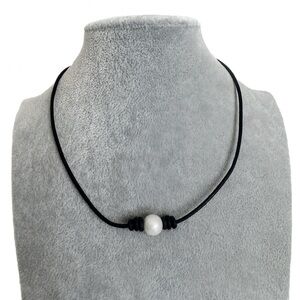 Sundance Pearl Black Leather Handmade Choker Necklace